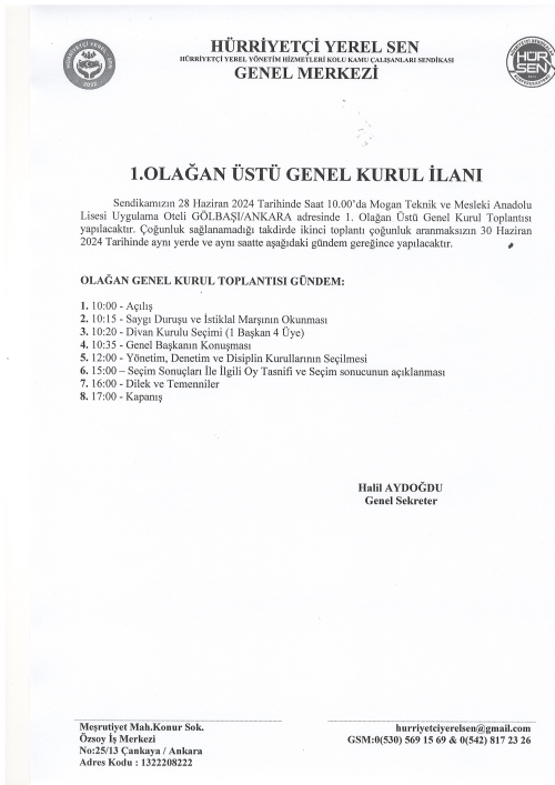 1.OLAĞAN ÜSTÜ GENEL KURUL İLANI